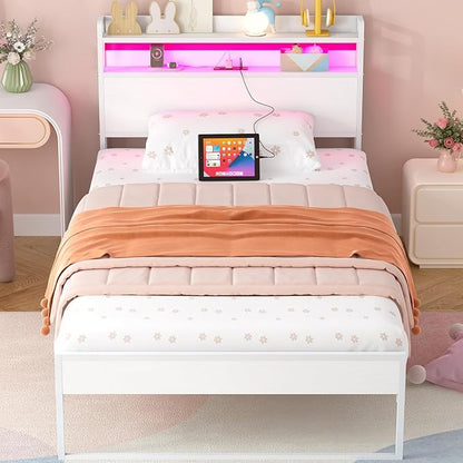 Elephance Headboard for Full Size Bed Frame with 2 Tier Storage, with Outlets, USB and Type C Ports and LED Light, Height Adjustable, Platform Bed Headboard Only, Easy Assembly, White