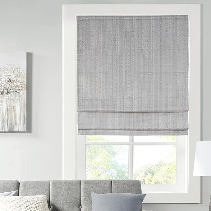 Madison Park Galen Cordless Roman Shade, 23"W x 64"H, Sheen Grey – Room Darkening, Thermal Insulated, Energy Efficient Window Blind with Subtle Sheen Basketweave Fabric for Privacy