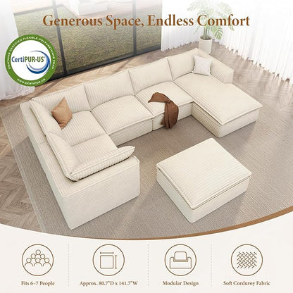 Vesgantti 141.7" Oversized Sectional Boneless Couch, 7 Seater Modular Sofa with Chaise & Ottoman & Armrest, Deep Seat Plush Corduroy Cloud Couches for Living Room, No Assembly Required, Beige
