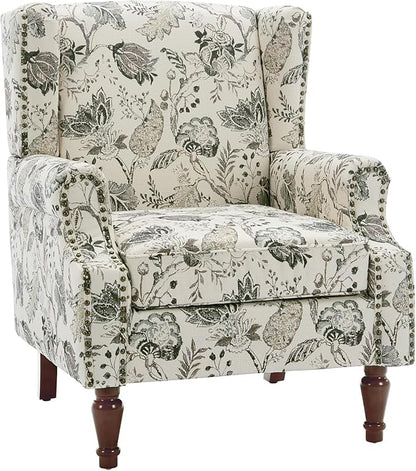 UIXE High Back Floral Accent Chairs Set of 2, Fabric Upholstered Armchair for Living Room, Retro Printed Wingback Arm Chair Nailhead Trim Single Sofa Bedroom Reading Seat - Beige Plants