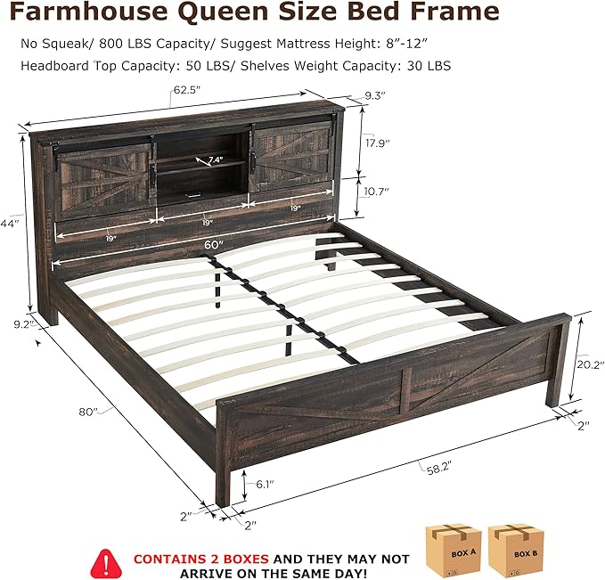 T4TREAM Farmhouse Queen Size Bed Frame w/Storage Bookcase Headboard, Sliding Barn Door, Charging Station, Rustic Wood Platform Bed w/Wood Slats Support, No Box Spring Needed, Dark Rustic Oak