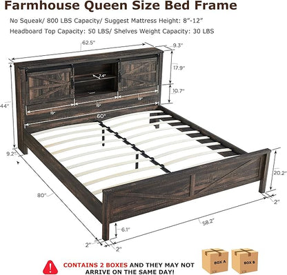 T4TREAM Farmhouse Queen Size Bed Frame w/Storage Bookcase Headboard, Sliding Barn Door, Charging Station, Rustic Wood Platform Bed w/Wood Slats Support, No Box Spring Needed, Dark Rustic Oak