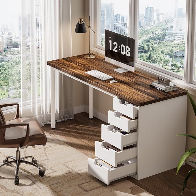 Tribesigns Modern Simple Computer Desk, 47 Inches PC Desk with 5 Reversible Drawers, Rustic Brown Study Writing Table Workstation for Home Office Small Spaces (Brown+White)