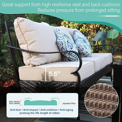 MFSTUDIO Outdoor Patio Furniture Set, 6 PCS Metal Patio Conversation Sets for 7, Patio Sectional Set with High Back 3-Seat Sofa, 2 Fixed Sofa Chairs, 2 Ottoman, 1 Coffee Table, 5.5" Thicken Cushions