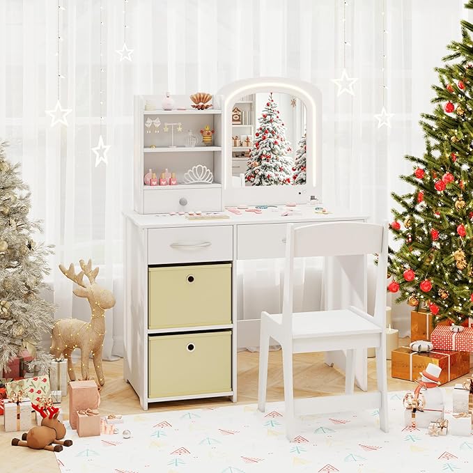 HONEY JOY Kids Vanity, Little Girls Vanity Set with Mirror and Stool and Lights, Wooden Princess Makeup Dressing Table, Storage Box & Shelf, Pretend Play Kids Vanity Table and Chair Set(White)