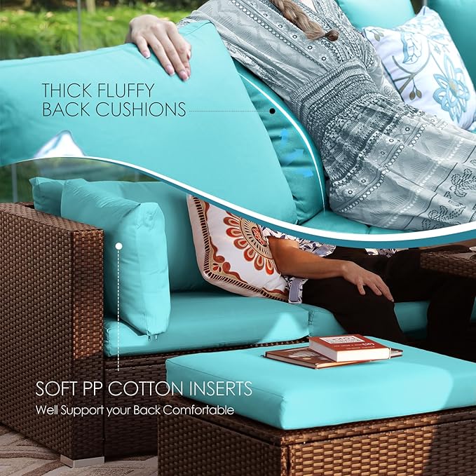 NICESOUL 7 Piece Patio Furniture Set with Natural Gas/Propane Firepit, 29.3'' High Back Comfy Outdoor Conversation Sofa Sets, Deep Seat Sectional Couch for Heavy Weight, Brown Rattan and Teal Cushion