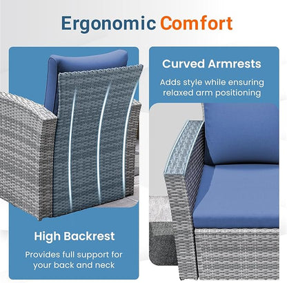 Wisteria Lane 4 Piece Patio Furniture Set, Wicker Outdoor Patio Conversation Furniture Set, All Weather Outdoor Patio Sofa with Cushion and Glass Table, Dark Blue