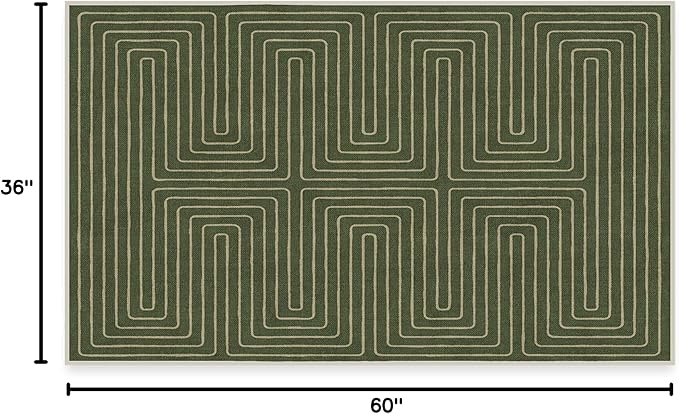 RUGGABLE x Jonathan Adler Machine Washable Modern Area Rug – Labyrinth Fern Green 3x5, Stain-Resistant, Non-Slip – Small Rugs for Living Room, Bedroom, Hallway, Entryway & Office–with Standard Pad