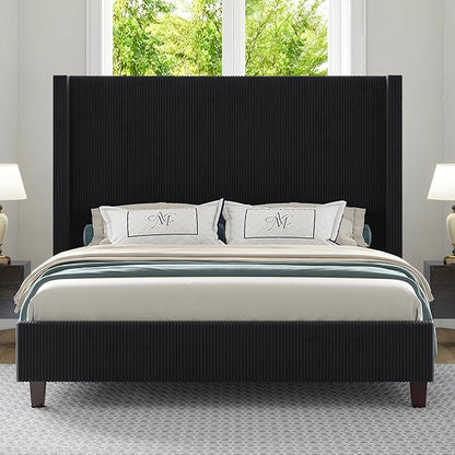 HOWE King Size 61" Corduroy Upholstered Bed Frame, Platform Bed with Vertical Stripe Wingback Headboard, No Box Spring Needed/Noise Free/Solid Wood Slats & Legs/Black