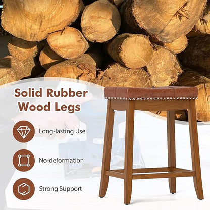 COSTWAY Saddle Bar Stools Set of 2, 25-Inch Counter Height Barstools w/PU Leather Seat, Solid Rubber Wood Frame, Footrest, Mid-Century Backless Counter Stools for Kitchen Island Home Bar