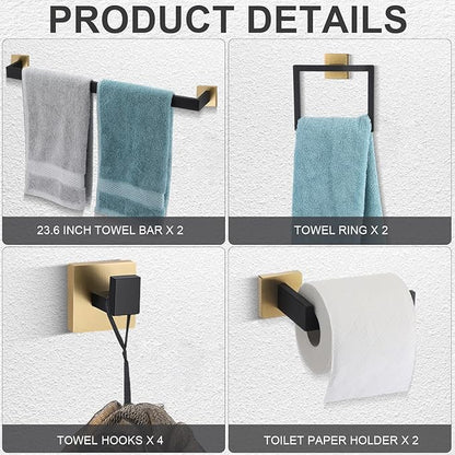 Gisafai 10 Pcs Bathroom Hardware Accessories Set 23.6 Inch Bath Towel Bar Kit Stainless Steel Bathroom Hardware Set Towel Racks Ring Hooks Paper Holder for Wall Mounted (Black Gold)