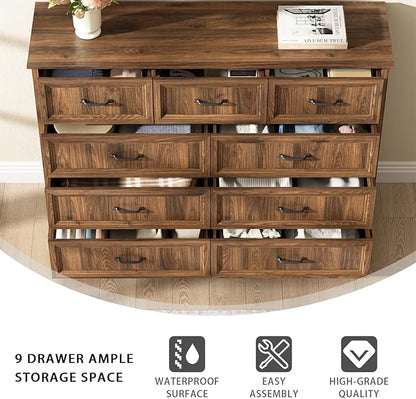 CARPETNAL Farmhouse 9 Drawer Dresser for Bedroom, 55 Inch Wide Modern Brown Dresser TV Stand with Large Drawers & Bar Handles, Rustic Wood Chest of Drawers for Bedroom, Living Room, Hallway, Entryway.