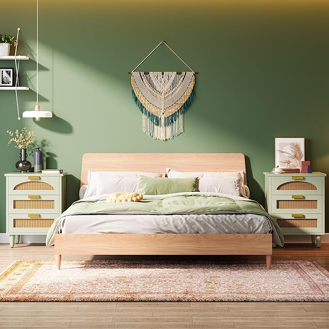 Tribesigns Mint Green Nightstand, 3-Drawer Rattan Night Stand Side Table, Accent Bedside Tables End Table for Bedroom and Small Spaces, Easy Assembly (1, Green)