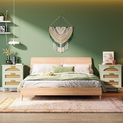 Tribesigns Mint Green Nightstand, 3-Drawer Rattan Night Stand Side Table, Accent Bedside Tables End Table for Bedroom and Small Spaces, Easy Assembly (1, Green)