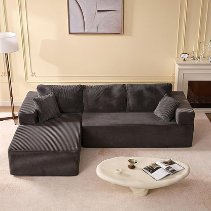 107" Boneless Couch with Deep Seat, Modular Sectional Sofa, Cloud Sectional Couch for Living Room, No Assembly Required, Corduroy, L-Shape Left，Grey