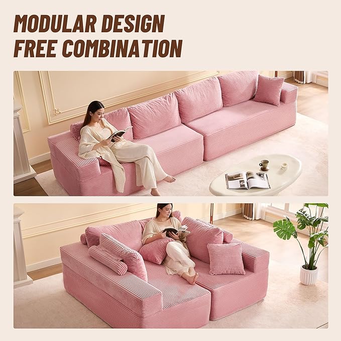 138" Modular Sofa Memory Foam Sectional Couches for Living Room, Sleeper Sofa Bed, Corduroy, Pink