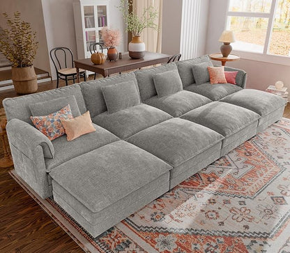 ELUCHANG Oversized 153" Modular Sectional Sofa, Comfy Deep Seat Cloud Couch, Sleeper Sofa Bed, 8 Seat Modern Couch with Removable Cover for Living Room, Apartment, DIY Combination, Chenille Light Grey
