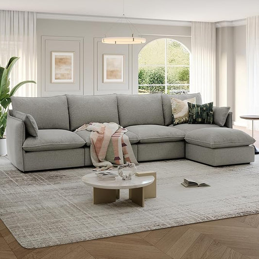 124" Cloud Modular Sectional Sofa, Waterproof Down Filled Sectional Couch, High Backrest L Shaped 4 Seater Couch with Ottoman, Modern Modular Sofas with Removable Cover, Light Gray