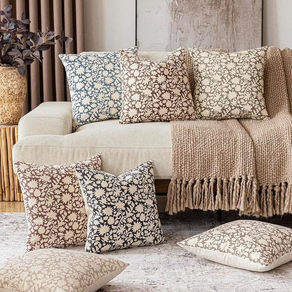 Foindtower Set of 2 Decorative Neutral Floral Throw Pillow Covers Accent Farmhouse Cushion Covers Boho Vintage Pillowcase for Couch Sofa Bedroom Living Room Home Decor,24×24 Inch,Dusty Blue