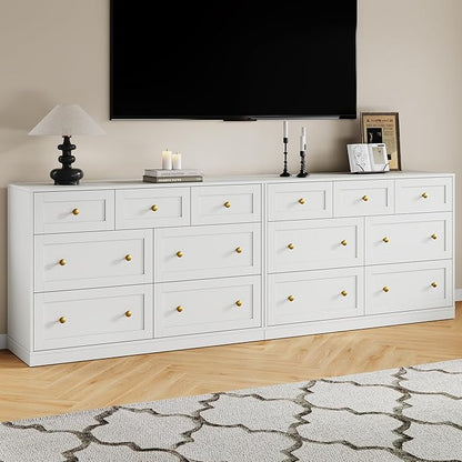 RoyalCraft 7 Drawer Dresser, 47'' Wide Modern Chest of Drawers with Gold Knobs, Wooden TV Stand Storage Organizer for Bedroom, Living Room, Entryway, White