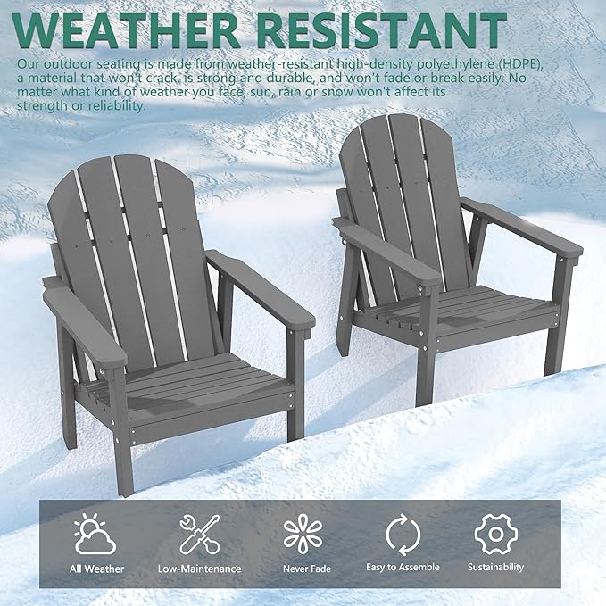 Adirondack Chair Set of 8, All Weather HDPE Fire Pit Chairs, Oversized Plastic Adirondack Chair for Outdoor, Balcony, Deck, Backyard, Patio, Garden, Poolside, Lawn Grey