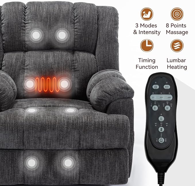 Power Lift Recliner Chair for Elderly, Oversized Chenille Electric Recliners Chairs for Living Room, Dual Motor 180° Lay Flat Recliner Big Sofa with Massage and Heating, Heavy-Duty, Grey