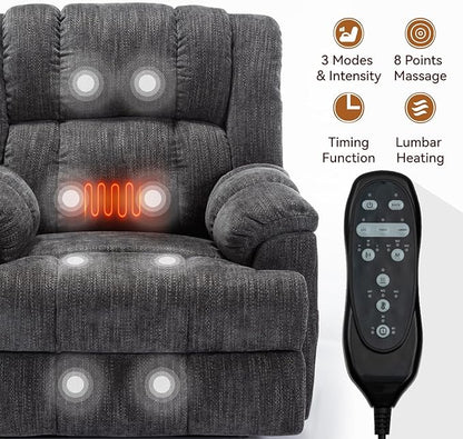 Power Lift Recliner Chair for Elderly, Oversized Chenille Electric Recliners Chairs for Living Room, Dual Motor 180° Lay Flat Recliner Big Sofa with Massage and Heating, Heavy-Duty, Grey