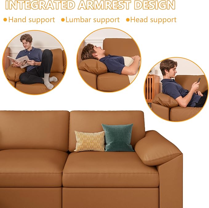 EASE MOOSE Oversized Corner Modular Sectional Sofa with Ottoman, Faux Leather Sectional Sofa with Deep Seat, Scratch Resistant Faux Leather Material, Extra Large L Shaped Couch, Brown