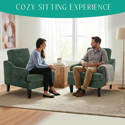 Modern Accent Chairs Set of 2 Upholstered Reading Chair for Bedroom with Side Pockets Comfy Living Room Chairs Living Room Oversized Armchair for Office, Apartment (Green Chenille)