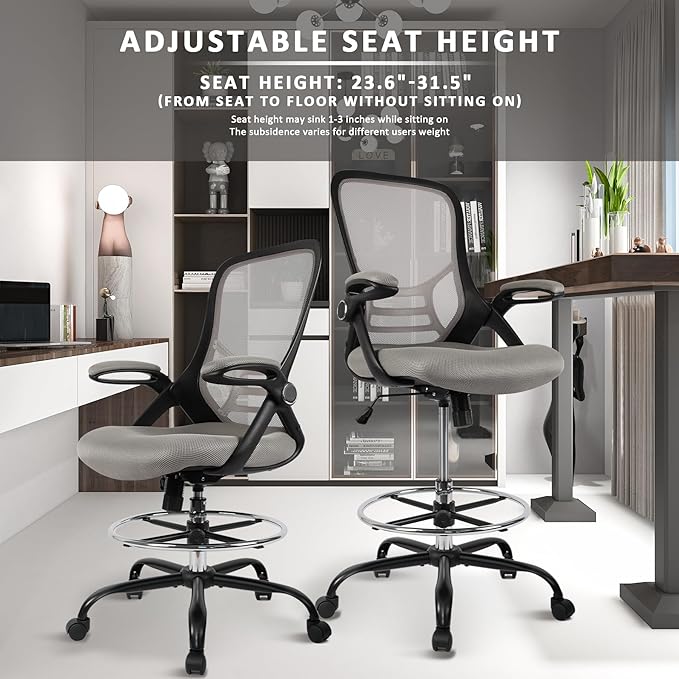 HYLONE Drafting Chair, Tall Office Chair Standing Desk Chair Grey Mesh High-Back Drafting Stool with Flip-Up Arms, Adjustable Foot Ring