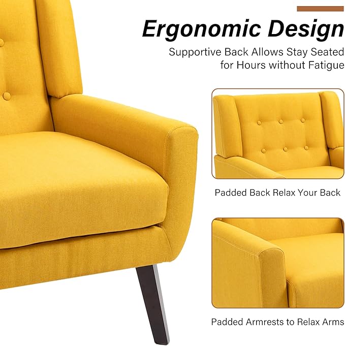 Accent Chairs Set of 2, Modern Fabric Armchairs for Living Room, Comfy Upholstered Arm Chairs Tufted for Indoor Bedroom Office Room (Yellow)