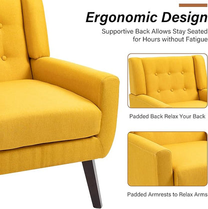 Accent Chairs Set of 2, Modern Fabric Armchairs for Living Room, Comfy Upholstered Arm Chairs Tufted for Indoor Bedroom Office Room (Yellow)