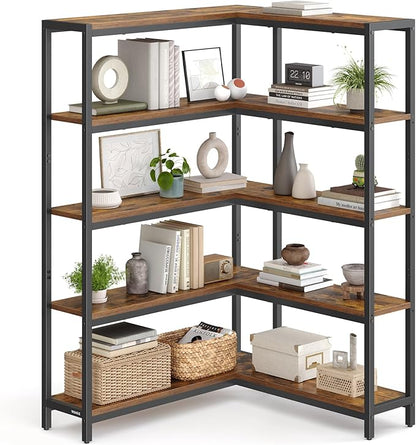 VASAGLE 5 Tier Bookshelf with Metal Frame, Convertible Industrial Corner Shelf, 9.4 x 52.8 x 55.9 Inches, for Living Room, Bedroom, Home Office, Rustic Brown and Ink Black ULLS815KD01