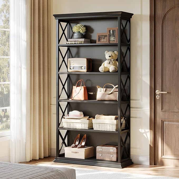 Tribesigns 71-Inch Tall Bookcase, 5-Tier Industrial Metal Bookshelf, Large Etagere Bookcases and Bookshelves, Freestanding Display Shelves for Living Room, Bedroom, Black
