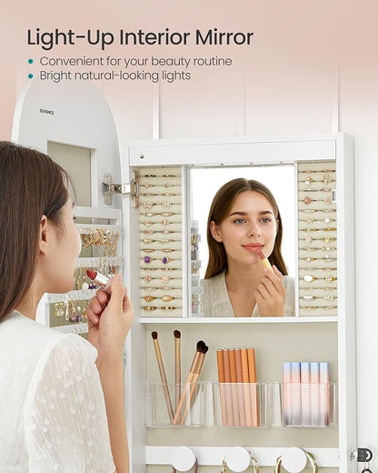 SONGMICS Jewelry Organizer, LED Jewelry Cabinet Wall/Door Mounted, Lockable Rounded Wide Mirror with Storage, Christmas Gift, 3.9 x 16.5 x 55 Inches, White Surface with Greige Lining