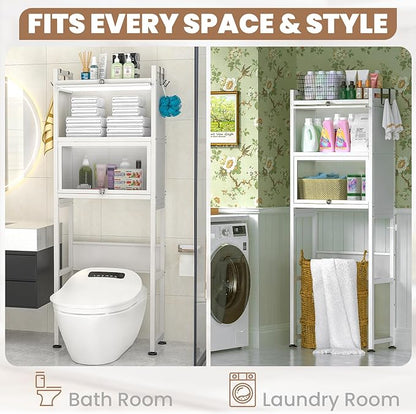 ZZL Over The Toilet Storage Cabinet,3-Tier,Bathroom Toilet Organizer,Waterproof, Cabinet Door Design,Freestanding Space Saver with 4 Hooks for Bathroom,White