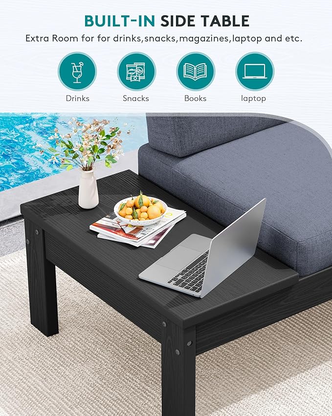 SERWALL HDPE Patio Furniture Set with 15FT Double Side Patio Umbrella, Outdoor Sofa Set, Seats 6, Modular Sectional Couch for Patio, Garden, Backyard, Black Frame with Grey Cushion