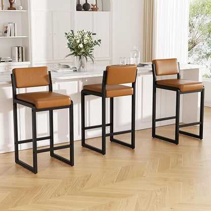 Counter Stools Set of 2, Faux Leather Bar Height Stools with High Back and Metal Legs, Upholstered Bar Chairs, 26" Modern Barstools for Kitchen Island, Caramel