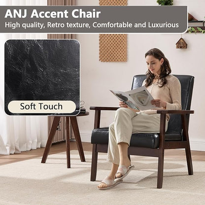 ANJ Mid Century Modern Accent Chairs, Set of 2, Black Faux Leather, Button Tufted with Wood Frame, Living Room Armchairs
