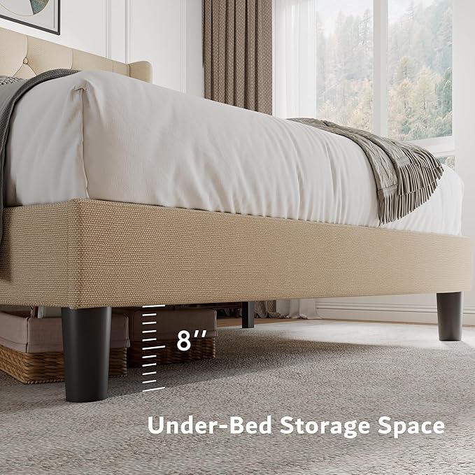 iPormis King Size Platform Bed Frame with Button Tufted Headboard, Upholstered Bed Frame with Solid Wooden Slats, 8" Underbed Space, No Box Spring Needed, Noise Free, Easy Assembly, Beige