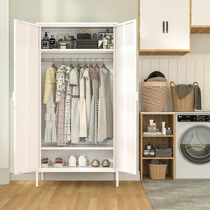 71 Inches White Metal Wardrobe Cabinet with Hanging Rod, Metal Armoire Wardrobe Closet with Doors for Bedroom, Office, Laundry Room and Changing Room, Metal Locker Cabinet