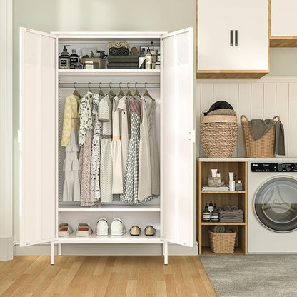 71 Inches White Metal Wardrobe Cabinet with Hanging Rod, Metal Armoire Wardrobe Closet with Doors for Bedroom, Office, Laundry Room and Changing Room, Metal Locker Cabinet
