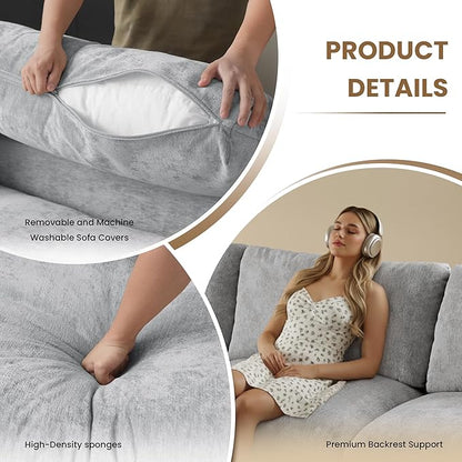 WJShome Modular Sectional Cloud Couch Modern L Shaped Sofa with Ottoman, 100 Inch 3-Seat Chenille Deep Seat Couches for Living Room, Bedroom and Apartment，Gray