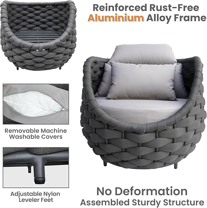 4 Pieces Balcony Seating Set: Aluminum Woven Rope Patio Chair Furniture Set - All Weather Metal Outdoor Conversation Set - Assembled Armchair with Table for Bistro Deck Porch Apartment Hotel