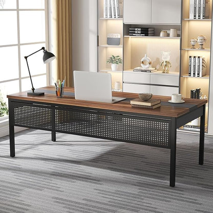 Tribesigns 71 inch Executive Desk, L Shaped Desk with Mobile File Cabinet, Executive Office Table with 2 Drawers and Storage Shelves, Business Furniture Workstation for Home Office, Walnut and Black