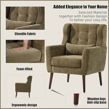 Accent Chair, Comfy Upholstered Living Room Chairs with High Tufted Backrest and Pillow, Wingback Reading Chair with Solid Wood Legs for Bedroom/Office, Chenille Fabric, Olive Green