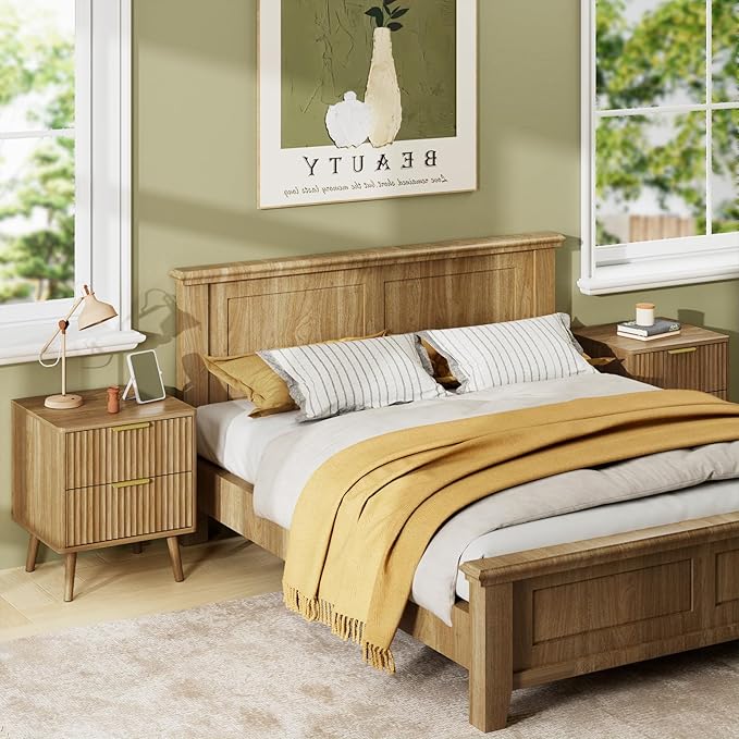 LYNSOM Fluted Dresser and Nightstand Sets 2 Piece, 2-Drawer Nightstands and 5-Drawers Dresser, Wood Bedroom Furniture Set for Home, Bedroom, Hallway, Natural Oak