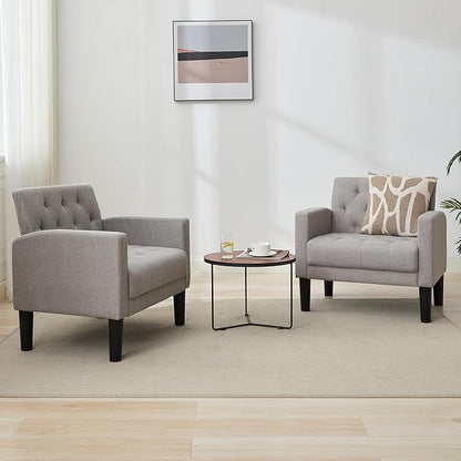 TYBOATLE Accent Chairs Set of 2 Comfy Living Room Chair Tufted Mid Century Modern Accent Chair, Cozy Upholstered Reading Arm Chair for Office, Bedroom (Light Grey, Set of 2)