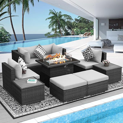 NICESOUL 9 Piece Outdoor Patio Sofa Set with Fireplace Natural Gas/Propane, 29.3'' High Back Comfy Sectional, Oversized Deep Seating Wicker Conversation, XL Big Outside Furniture for Backyard, Gray