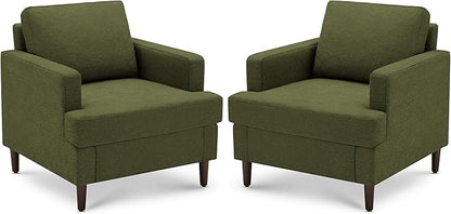 Mid-Century Accent Chair,Modern Linen Fabric Armchair for Living Room,Comfy Upholstered Reading Accent Chairs for Bedroom,Single Sofa Chair with Wood Legs (Green, 2 Pack)